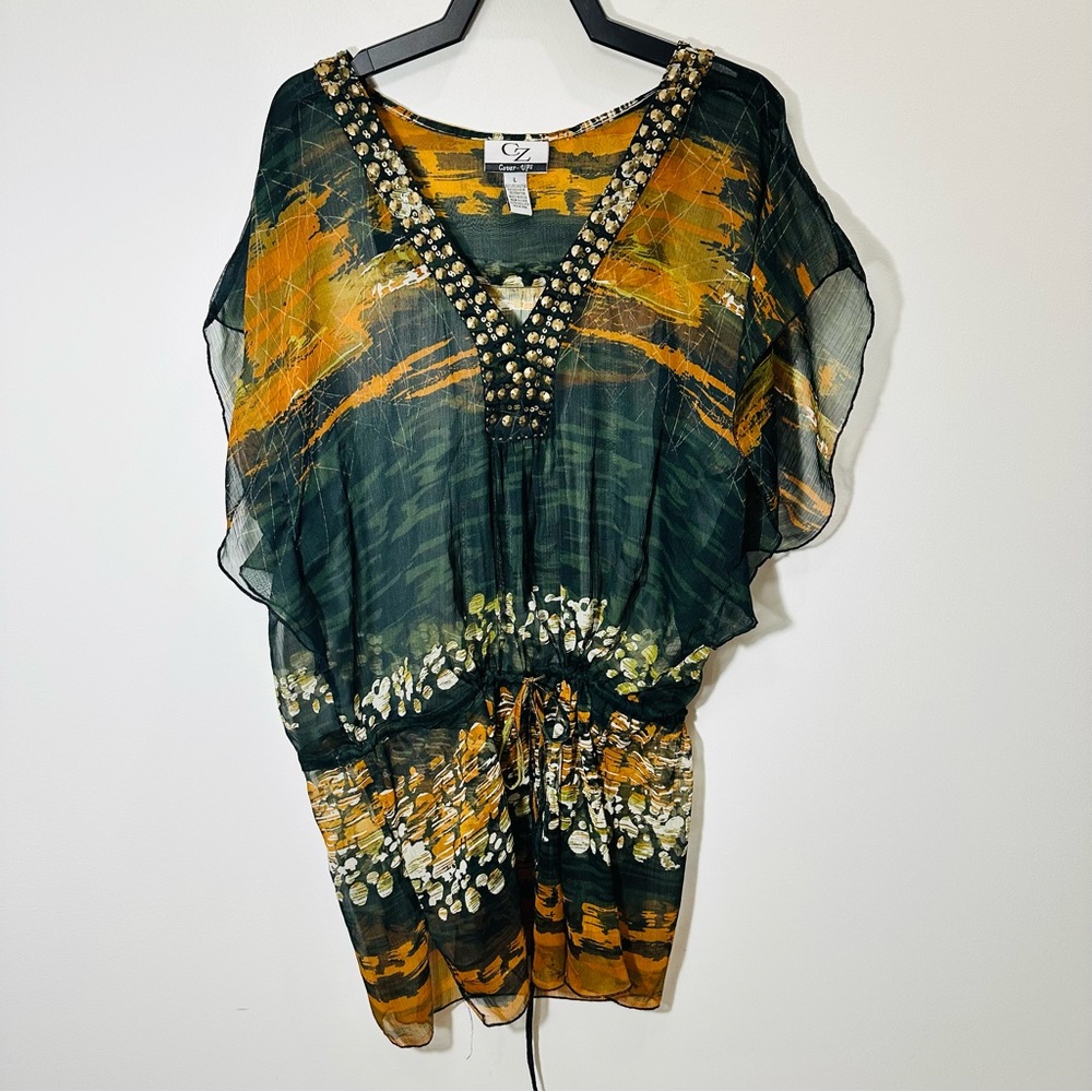 Beaded sheer print see-through beach swim coverup Sz L